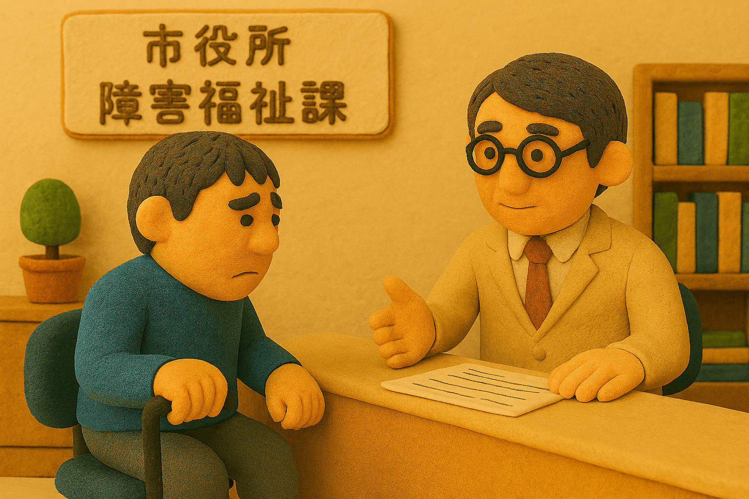 精神障害を持つ男性が障害福祉課の窓口で相談をしている