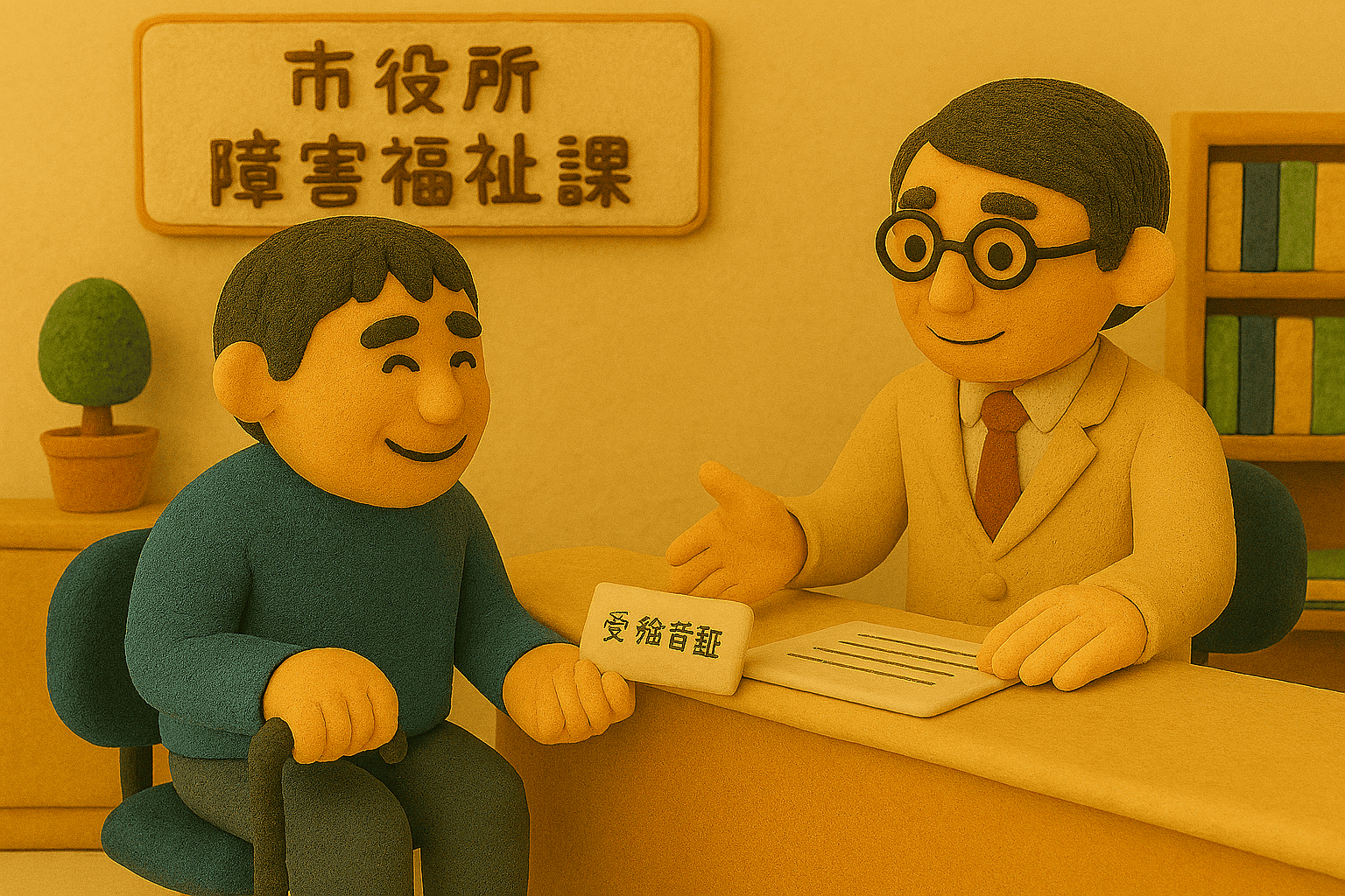 精神障害を持つ男性が障害福祉課の窓口で受給者証を受け取る